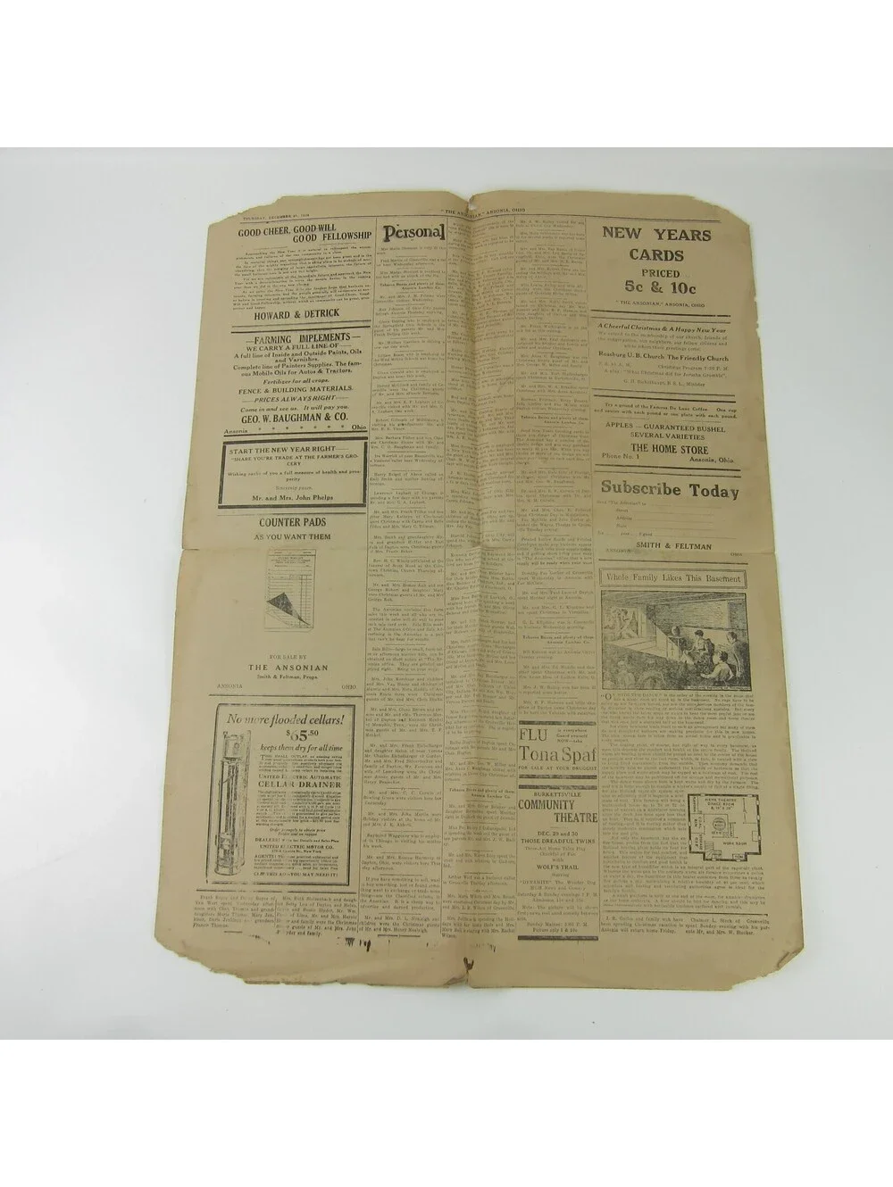 The Ansonian Newspaper Ansonia Darke County Ohio Thursday Dec 1928 Antique RARE
